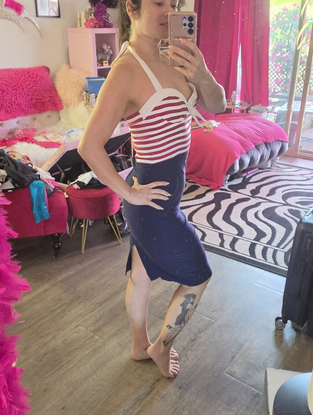 Pinup Girl Couture PUG Large Striped Red and Navy Wiggle Dress